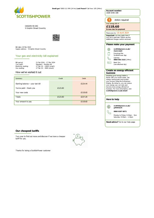 United Kingdom Scottish Power business utility bill Word and PDF template PSD template
